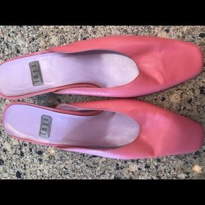 Leather coral kitten heel slides